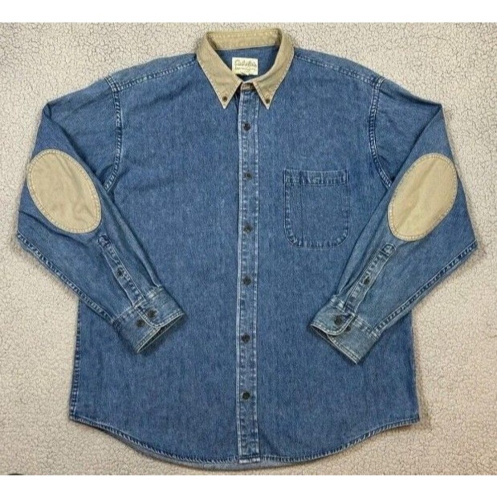 Cabela's Mens XL Tall Denim Button Up Shirt Elbow Patch Hunting Lodge Grunge